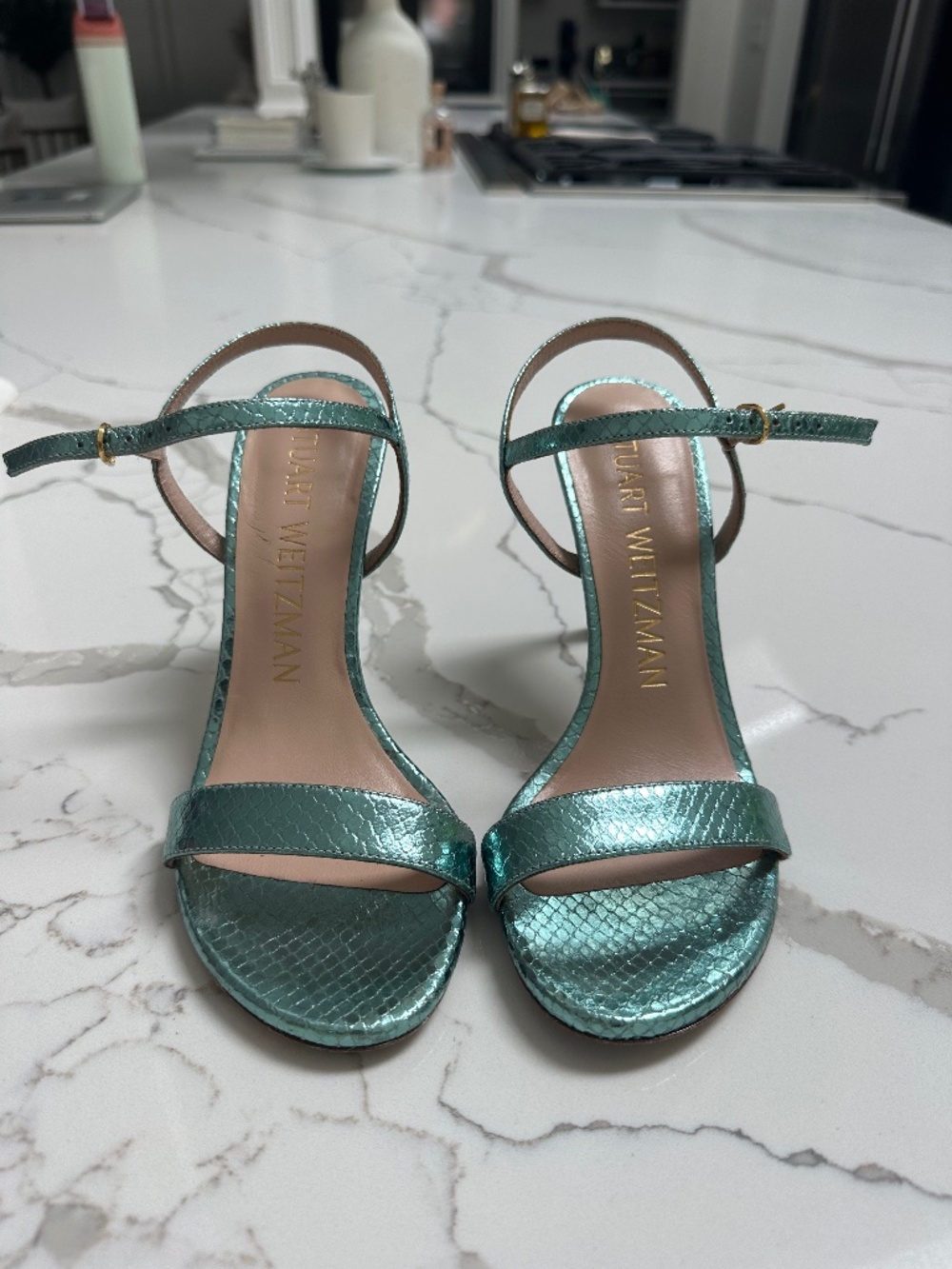 Stuart Weitzman Blue Metallic Sandal Heels Sz 6